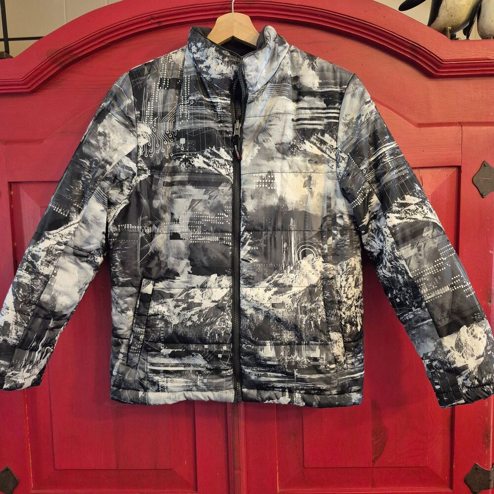 Xpedition XL 14 16 Puffer Coat Black White Grey Geometric Urban Landscape  EUC